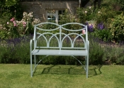 Hoopback two seat garden bench by Ironart in Pigeon Blue painted finish